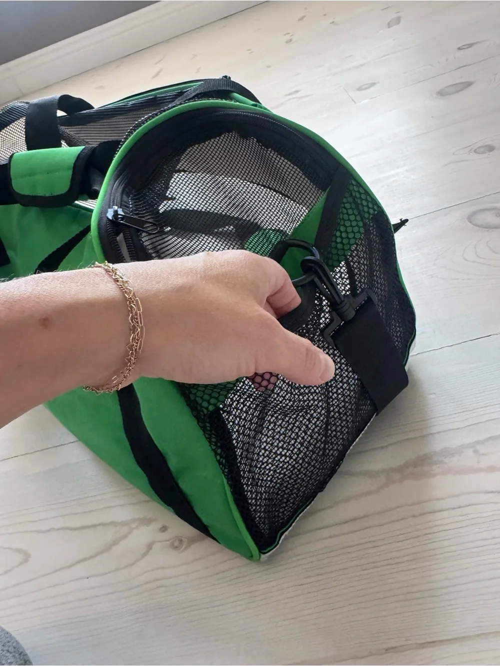 Green Pet Travel Carrier Bundle with Gray Cozy Bed and Bowl